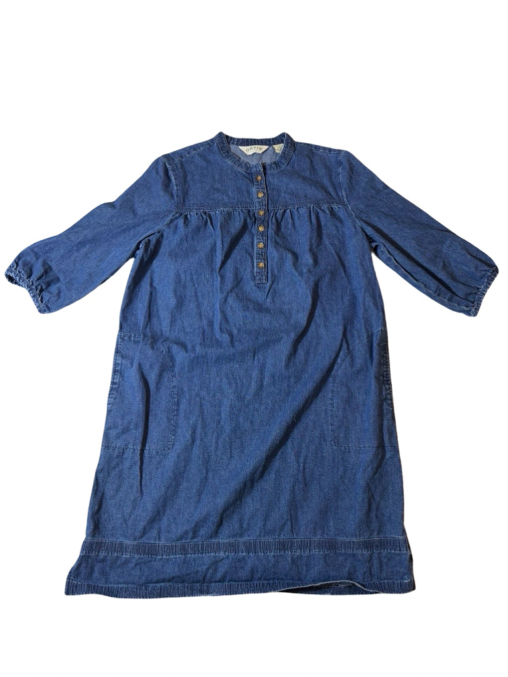 Orvis Womens 18 Blue Denim Cotton Prairie Henley Smock Dress Pockets Cottagecore
